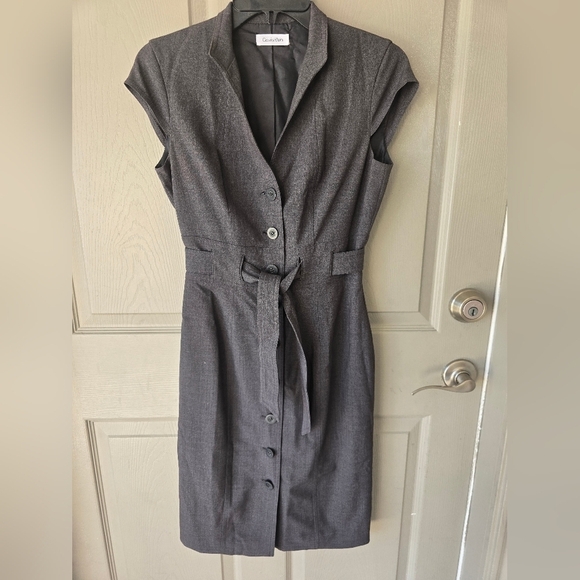 Calvin Klein Dress Sz S Gray Button Down Tie Waist Belted Midi Sleeveless - Picture 3 of 12